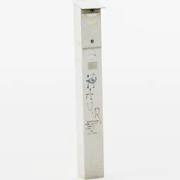 "Cityspace Electrical Junction Box 3D Model for Blender 3D: A tall and slender white box with a drawing on it, resembling a metal readymade from the 1990s. This medium-detail model features button potentiometers, a street lamp, and a control panel, reminiscent of an art exhibition. Photo courtesy of the Museum of Art."