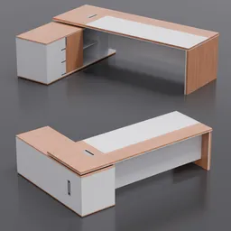 3D model of an elegant executive office desk with white top and wood accents, featuring storage drawers and shelves.