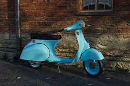 High-detail vintage scooter 3D model, light blue, rendered in Blender, perfect for historical animation projects.