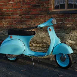 "Highly detailed historical Italian Mediterranean blue scooter parked in front of a brick wall, 3D model for Blender 3D created in BlenderKit. Remastered and restored, beautifully rendered in Unreal Engine 5. Perfect for vintage city scenes or transportation-themed projects."
