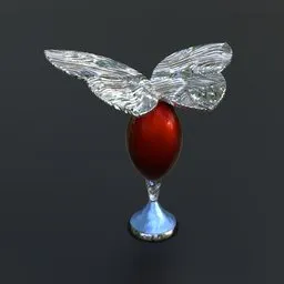 "Metal butterfly sculpture on glass stand, a stunning 3D model for Blender 3D. Featuring red winged egg, silver small glasses, and a touch of golden pommel, this artwork is a perfect offering to Zeus, the archfey. Explore the polished render by Mirabel Madrigal, with reflections, specular highlights, and delightful red wine and apples."
