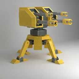 "Scifi Low Poly Defence Turret PBR for Blender 3D - Yellow and black toy gun on stand with retro design, mecha-inspired. Perfect for military and sci-fi 3D modelling projects."