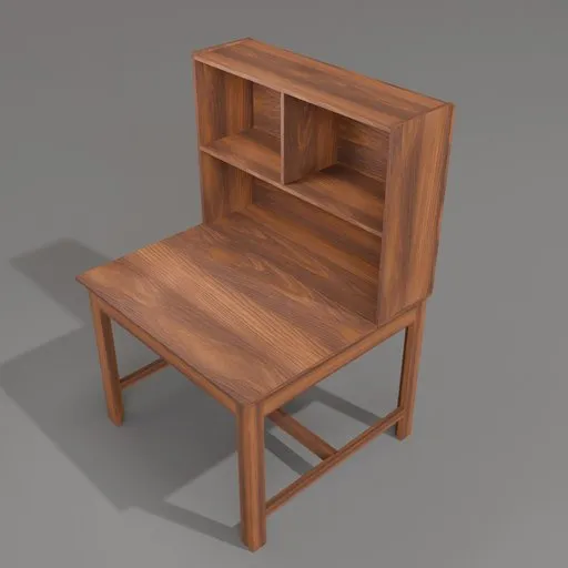 Detailed 3D model of a vintage wooden desk with shelves, optimized for Blender rendering.