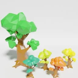 Low Poly Oak 3D model collection, ideal for Blender projects, featuring stylized single-color foliage in various sizes.