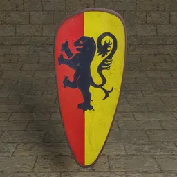 Detailed Blender 3D model of a Kite shield with vibrant red/yellow design and leather grips, ideal for historic scenes.