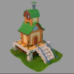 "Stylized cartoon home in Blender 3D, featuring a small house with a green roof, character modeling, and a ramp. Ideal for motion graphics and suitable for creating magical school or tiny village scenes. Explore this low res, far-mid shot 3D model for experimentation and creative projects."