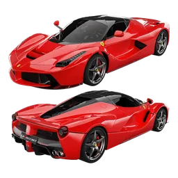 Detailed 3D model showcasing multiple views of a red mid-engine hybrid supercar for use in Blender software.