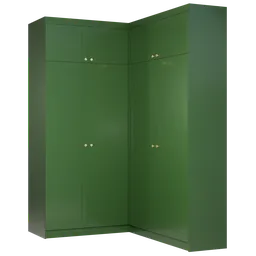 "Green Corner Wardrobe - a stylish and expressive 3D model for Blender 3D. Featuring a bottle green varnish with golden handles, this corner wardrobe measures 1600x1570xh2560 and boasts two doors and a drawer."