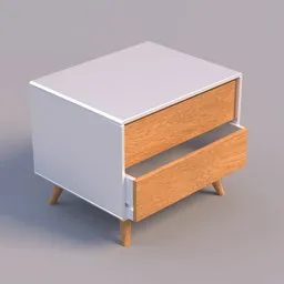 Modern wooden bedside table 3D model with open drawer, angled legs, designed for Blender rendering.