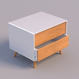 Modern wooden bedside table 3D model with open drawer, angled legs, designed for Blender rendering.