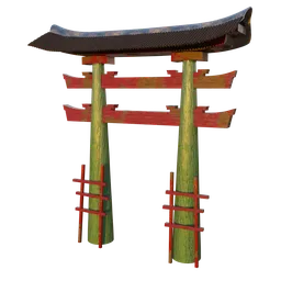 Detailed 3D model of a weathered Torii gate, ideal for Blender renderings in urban or cultural digital scenes.