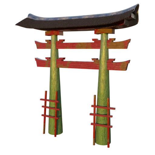 Detailed 3D model of a weathered Torii gate, ideal for Blender renderings in urban or cultural digital scenes.
