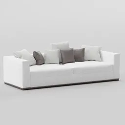"Modern 3 seater sofa for Blender 3D with metal base and 5 cushions. Monochrome 3D model featuring sleek, minimalist design and white upholstery. Perfect for architectural visualizations and interior design projects."