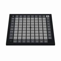 "Black Novation Launchpad Pro MK3, an electronic device with buttons, drum pads, and a grid layout for creating beats, depicted in a professional studio photo. Ideal for audio and music production in Blender 3D."
