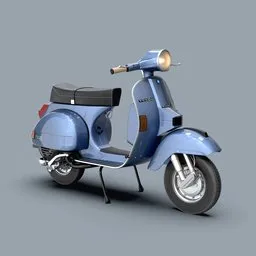 "Highly detailed Vespa PX 125 3D model for Blender 3D. Inspired by historical Italian design and featuring arafed blue color and black seat, this model is perfect for mobile games and computer renders. Available in 500px resolution and compatible with Octane render and iOS icons."