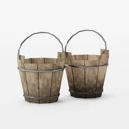 Detailed 3D wooden bucket models with metal hoops, optimized for Blender rendering and game asset design.