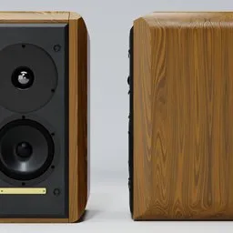 "Modern wood speakers in Blender 3D- ultra-realistic and inspired by Edward Arthur Walton's classic design. Features intricate details and photorealistic textures. Ideal for visualizations and multimedia projects."