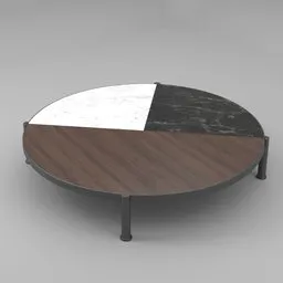 "Blender 3D model of a Lounge Coffee Table featuring a circular wooden top and a marble base. This realistic 3D render showcases a product design with an elegant mix of wood, marble, and a sleek metal frame. Perfect for sales, conversation pits, or prototype projects in Blender 3D software."