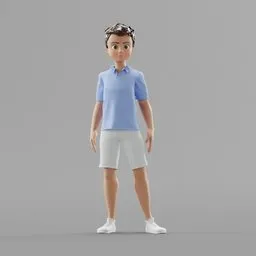 "Ever Character Rigged, a high-quality 3D model for Blender 3D, featuring a preppy style cartoon character with short black hair and a blue shirt, ready for animation. This humanoid sports model includes clean topology, good proportions, and UV mapping, making it a perfect time-saving asset for any project."
