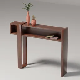 Elegant wooden console 3D model with vase, optimized for Blender, suitable for interior design visualizations.