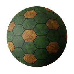 Hexagonal green and yellow tile texture for PBR material in Blender 3D, showcasing a unique geometric pattern.