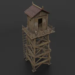 Detailed 3D wooden guard tower model with textures, suitable for Blender rendering and game design.