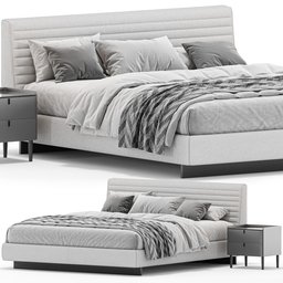 "Get cozy with the award-winning digital render of the Bed Minotti Roger, inspired by Alfred Jensen. This symmetrical full-body rendering showcases a stylish grey color scheme, complete with accompanying nightstands. With 581,888 polys and textured to perfection, this Blender 3D model is perfect for all your architectural and interior design needs."