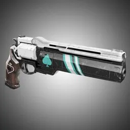 "Blender 3D model of the Ace Of Spades hand gun from Destiny, textured in Mixer and designed by Bungie. This military-sci-fi themed 3D model features a close-up view of a gun with a green and white stripe, holding an ace card, showcasing silver and blue color schemes and high-end features. Perfect for Blender enthusiasts looking for a versatile 3D model for their projects."