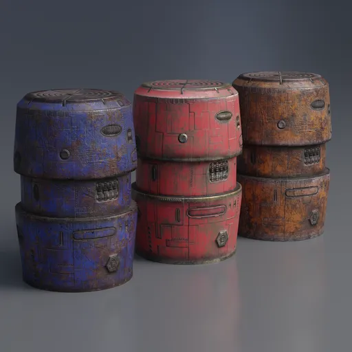 Detailed 3D low-poly cyberpunk barrels with high-resolution 4K textures for game design, optimized for Blender.