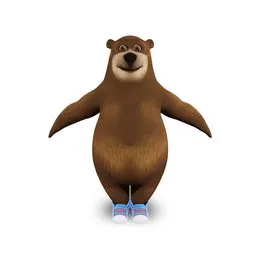 Cartoonish brown bear 3D model with happy expression, standing in stylish blue sneakers, suitable for Blender animation projects.