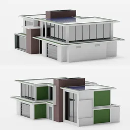 Modern Eco-style 3D rendered house with panoramic windows, moss-covered walls, spacious balcony, and garage.