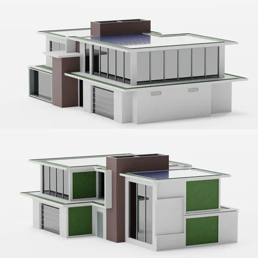 Modern Eco-style 3D rendered house with panoramic windows, moss-covered walls, spacious balcony, and garage.