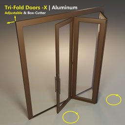 "Adjustable Tri-Fold Door with Glass Window in Blender 3D - Professional Quality 3D Model by Dave Arredondo". This 3D model features triangular elements and dynamic folds, as well as adjustable dimensions and a right-opening tri-fold door design. Perfect for interior design and architectural visualizations.
