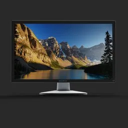 Realistic 3D render of a 27-inch monitor for Blender 3D modeling, with a sleek design and detailed screen display.