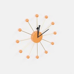 "Retro-modern wall clock with orange balls and centered design in Blender 3D. Groovy vibes and mid-century style, featuring dotting and animation-style render."