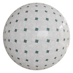 High-resolution PBR marble texture showcasing a sophisticated rotated square pattern in dark green and white for Blender 3D.