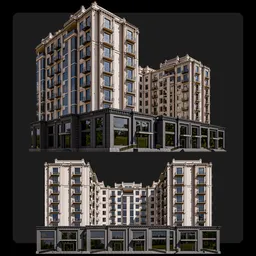 Detailed 3D model of a symmetrical residential building with balconies, large windows, and ground floor commercial space.