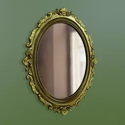 "Handcrafted Victorian framed mirror with ornate floral and palm motifs. Oval shape with bas-reliefs of leaves along the edge. Created using Blender 3D software." This alt text incorporates relevant keywords from the description and highlights the unique features of the 3D model.
