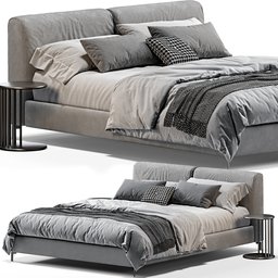 "Gray covered Margot Novamobili bed with pillows, stylized dynamic folds and unbiased Cycles render. 3D model for Blender 3D, with dimensions of 230 x 173 x 86 cm and 269.249 polys. Unwarp included and scale applied."