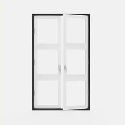 "Standard Window 3D model for Blender 3D - high transparency, monochrome design with a white door, black frame, and open window. Perfect for floor plan designs. Created by Thomas de Keyser in 2019 and features a 1980s surrealism aesthetic."