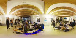 360-degree HDR interior lighting environment showing an active office space with wooden beams and ambient lighting.
