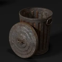 "Industrial metal trash can model for Blender 3D - perfect for concept art. Featuring a rusted design, lid, and high-quality render, inspired by Fuller Potter. Ideal for games like Dark Soul and The Witness or to add a touch of Captain America to your portrait."