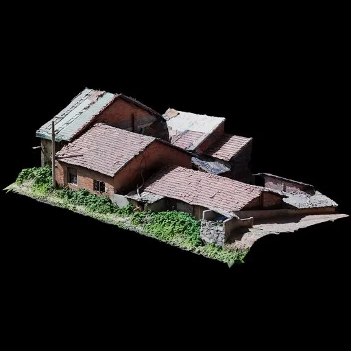 Detailed 3D brick wall building scan with tiled roofs and 8K textures, perfect for Blender rendering.