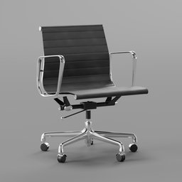 Highly detailed 3D rendered mid-back chair model with a polished aluminum frame, caster wheels, and armrests, compatible with Blender.