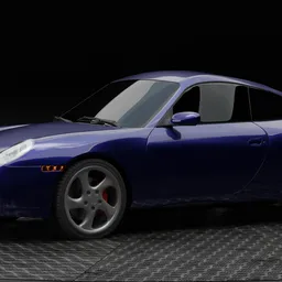 "1999 Porsche 911 Carrera 4 luxury supercar, created in Blender 3D. This high-quality 3D model features an arafed blue sports car on a black background with a realistic skin shader and renderman rendering. Perfect for automotive enthusiasts, 3D artists, and Blender users."