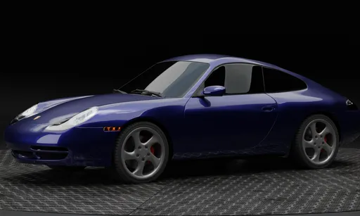 Detailed Blender 3D rendering of a blue Porsche 911 Carrera showcasing exterior design on a textured surface.