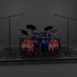 Detailed 3D model of a double bass drum kit with cymbals, toms, and snare created in Blender.