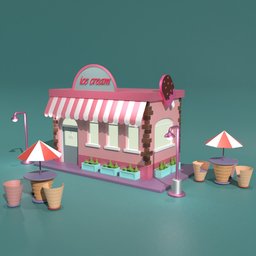 "Get the best 3D model for your Blender designs with this ice cream shop featuring pink building, white awning, outdoor chairs, and street lights. Perfect for public scenery or diner props with top-notch topology and fluid sim. Enjoy the y2k design, three-point lighting, and 2.5d effects for a dynamic experience."