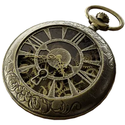 Detailed vintage-style 3D model of a pocket watch with exposed animated gears and broken glass, compatible with Blender.