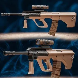 Detailed 3D model of Steyr AUG rifle, showing design for Blender renderings, sans background.